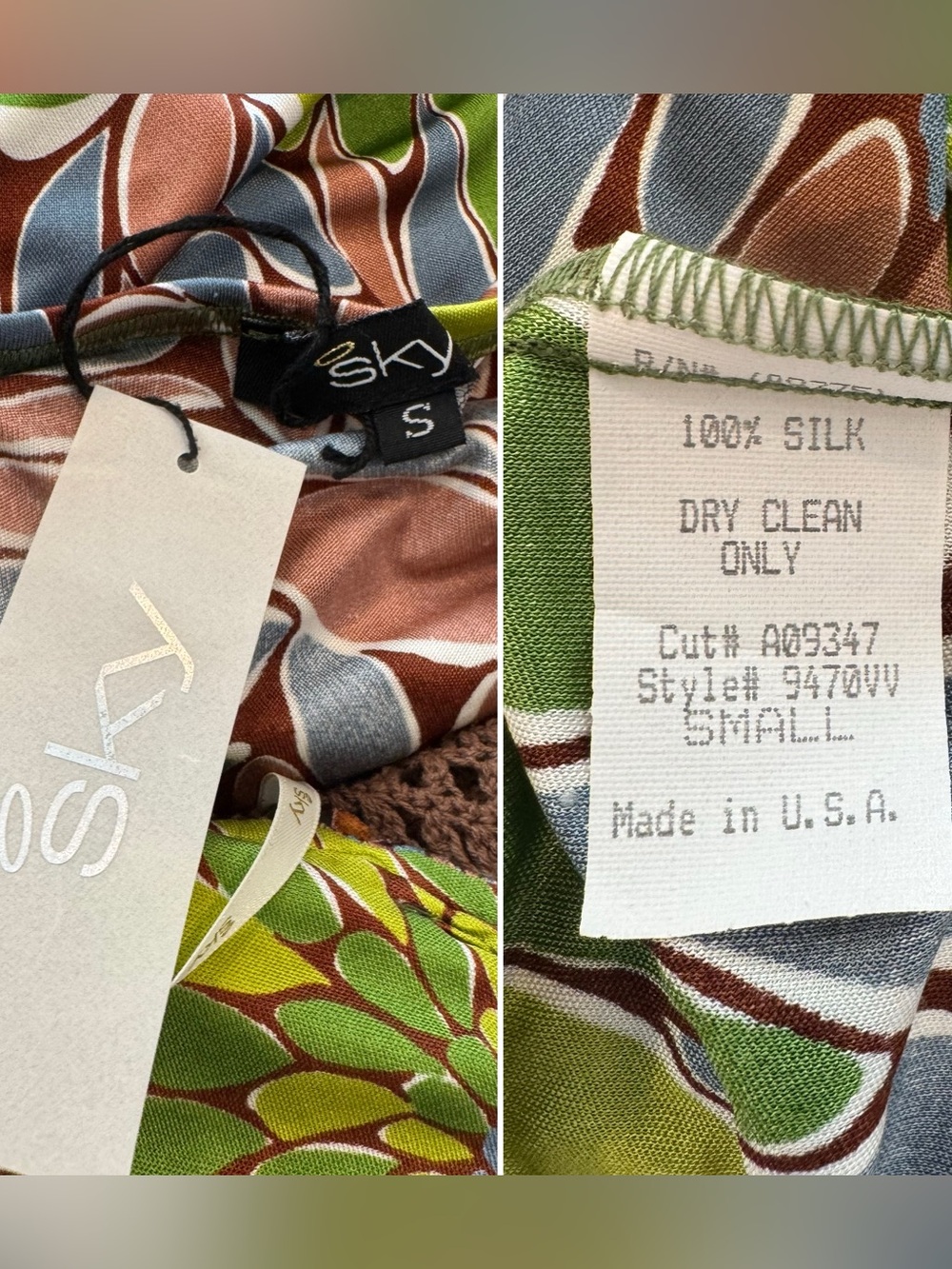 SKY NWT 100% Silk Green Brown Crochet Belt Keyhole Halter Maxi Gown Slip Dress - Picture 3 of 9